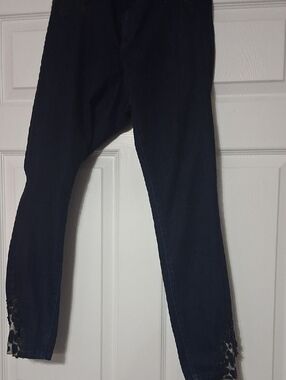 Skinny Dark Blue Jeans with Black Lace & Leopard Trim Sz 12   31" Inseam